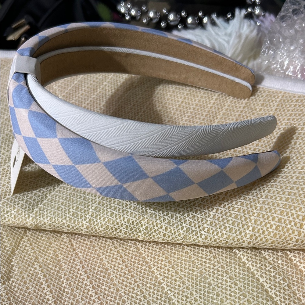 Padded Checkered Headband in Blue and Cream